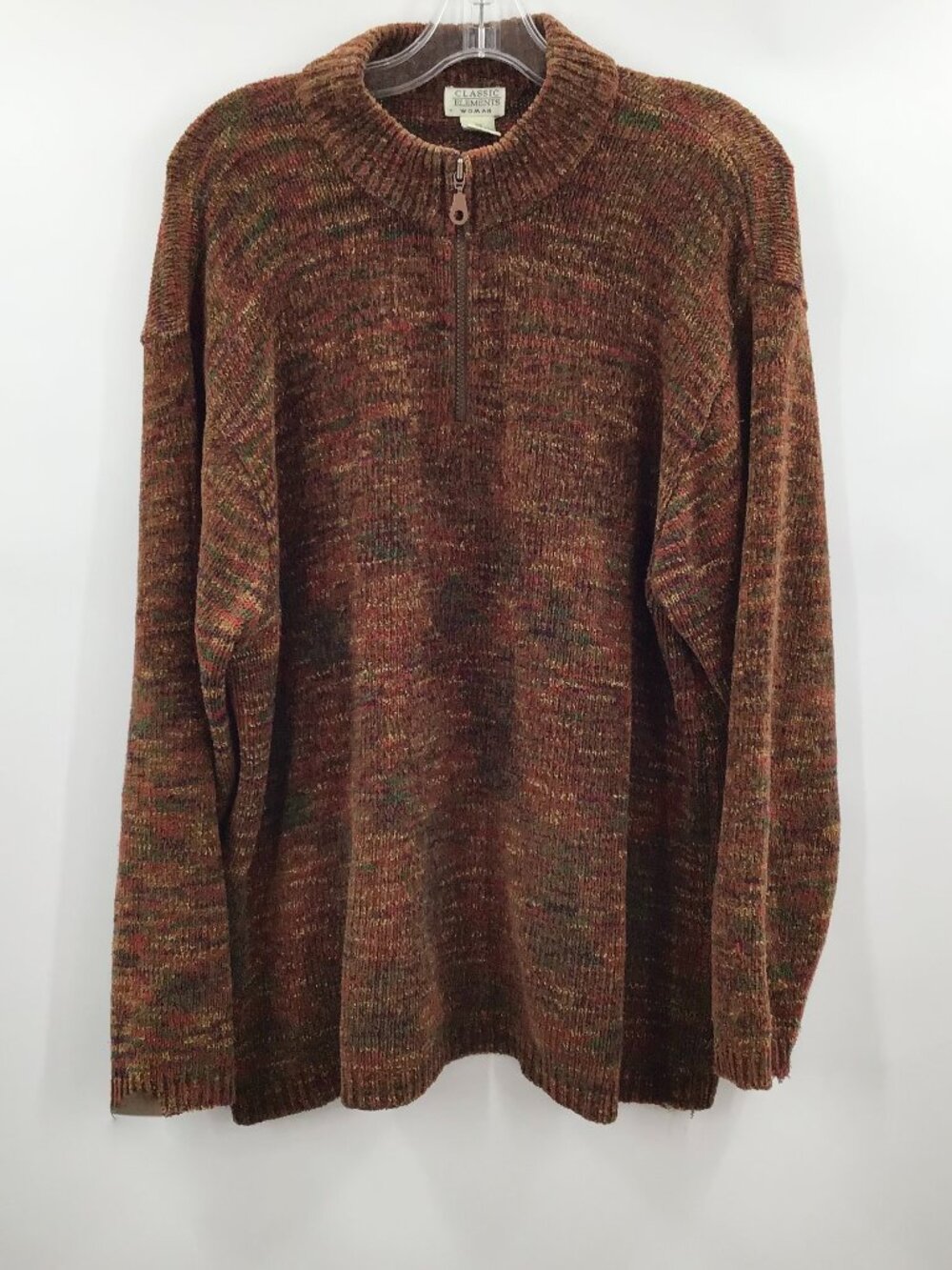 Vintage Womens 2X Chenille Zip Front Sweater Marled Brown Rainbow 1/4 Popover